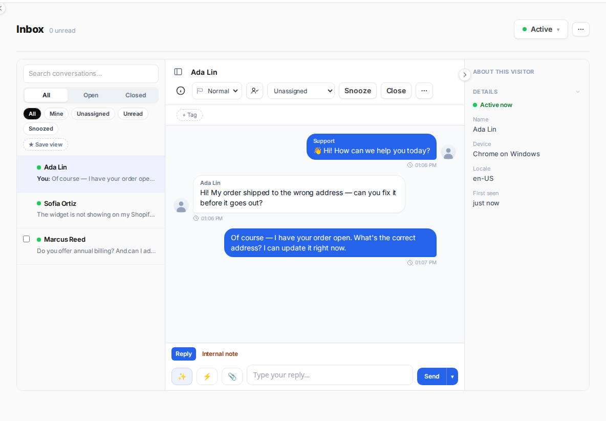 The HelpBird shared inbox: conversation list, a live thread, and visitor details